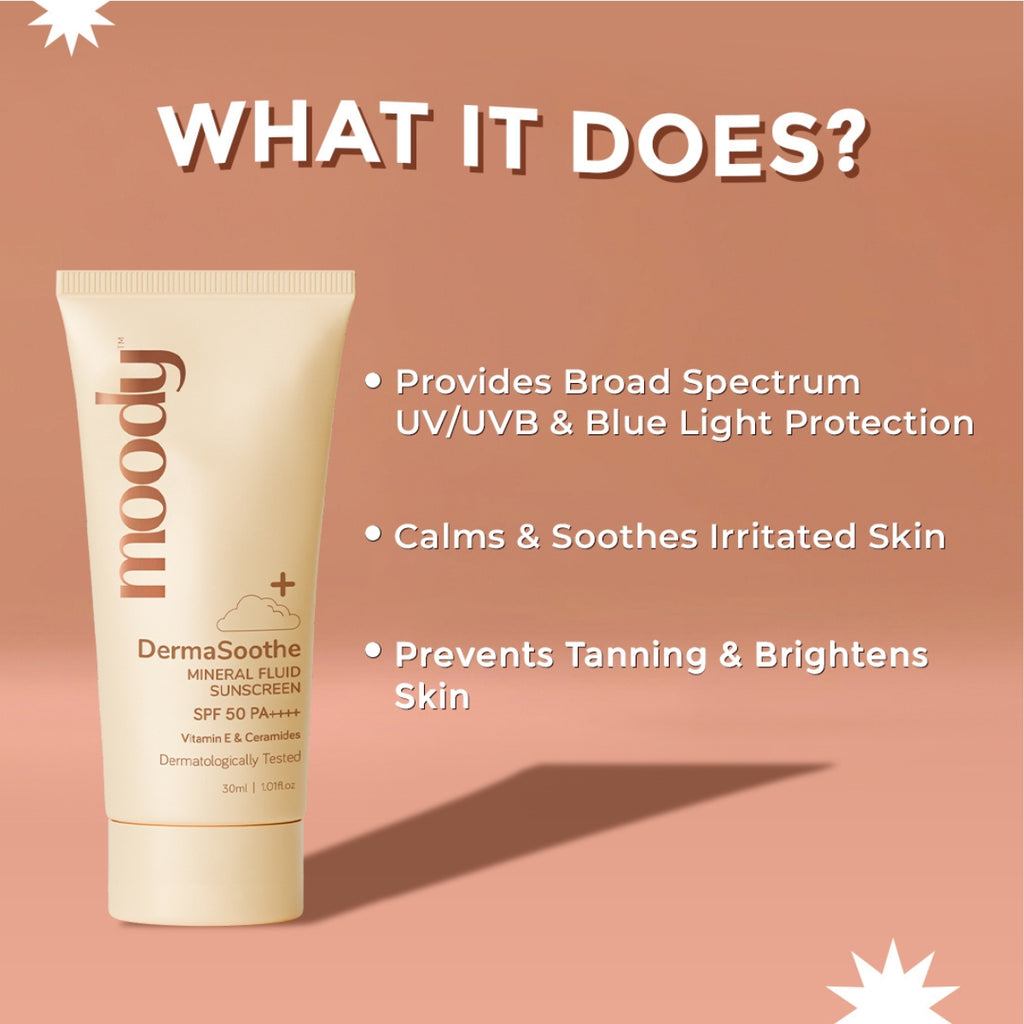 Moody SensiSoothe SPF 50 PA++++ Mineral Sunscreen with Ceramides & Rice 30ml | Pack of 1