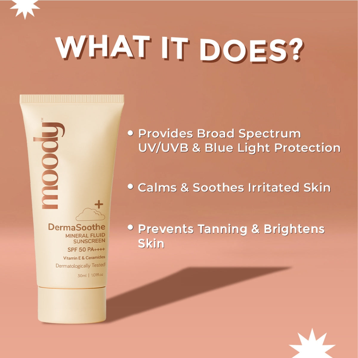 Moody SensiSoothe SPF 50 PA++++ Mineral Sunscreen with Ceramides & Rice 30ml | Pack of 1