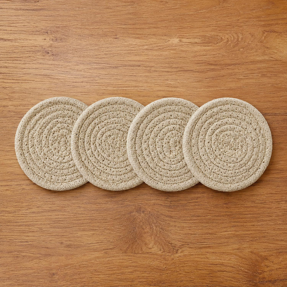 Cotton Braided Coasters Set Of 4 For (10x10cm, Beige)