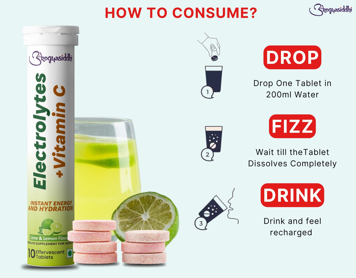 Electrolytes with Vitamin C for Instant Energy and Hydration, Lime & Lemon Drink, 10 Effervescent Tablets