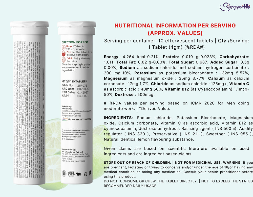 Electrolytes with Vitamin C for Instant Energy and Hydration, Lime & Lemon Drink, 10 Effervescent Tablets