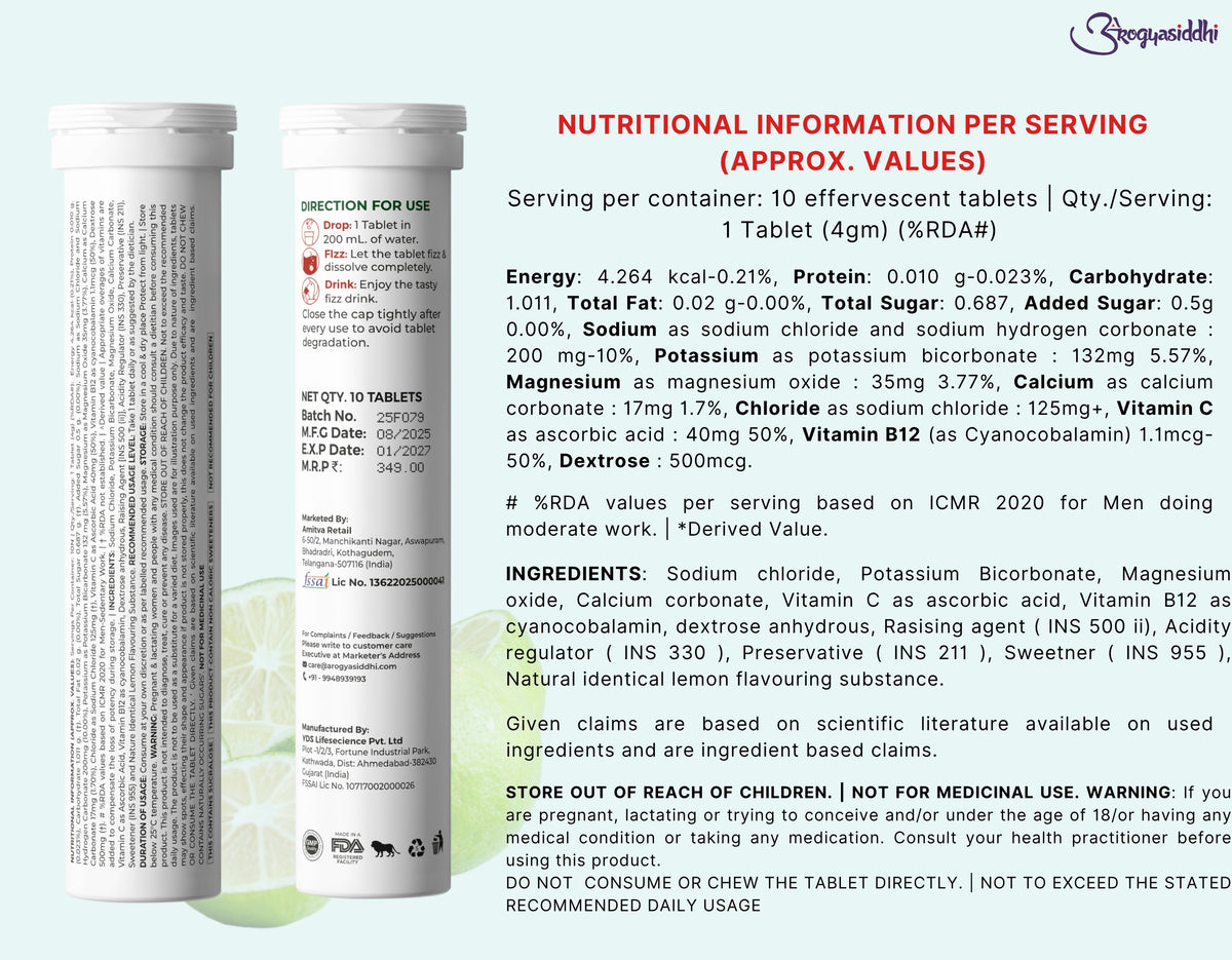 Electrolytes with Vitamin C for Instant Energy and Hydration, Lime & Lemon Drink, 10 Effervescent Tablets