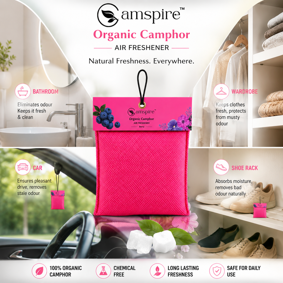 Camspire Camphor Air Freshener-Berry | Air Freshener | Car Freshener |Home & Personal Spaces Last Up to 25 Day*