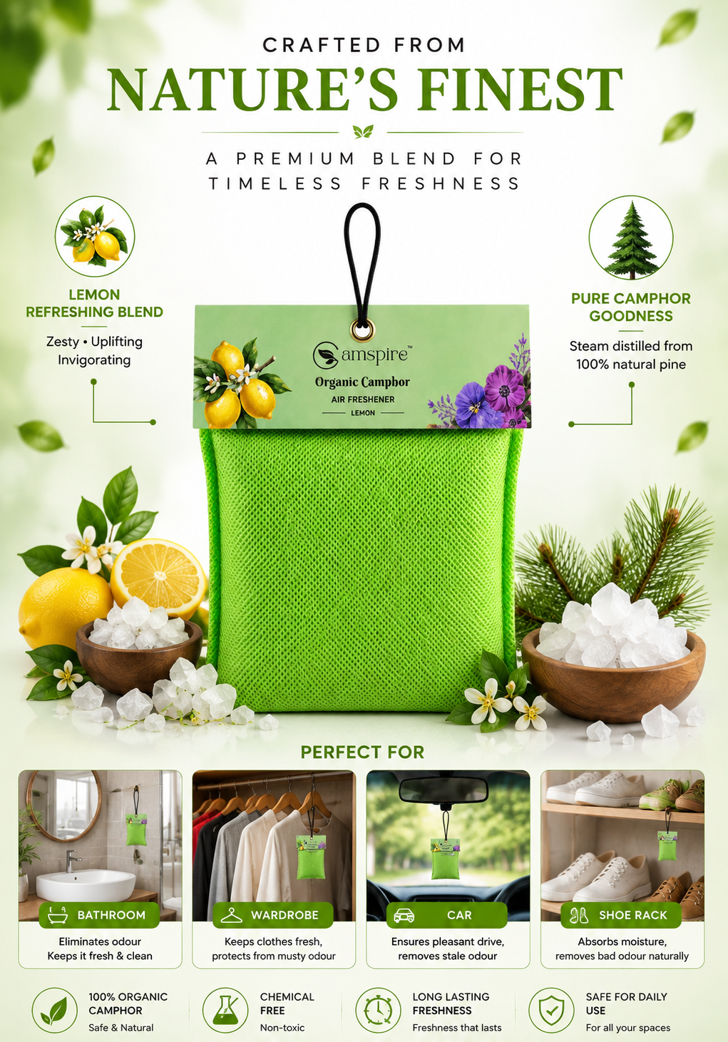 Camspire Camphor Air Freshener-Lemon | Air Freshener | Car Freshener |Home & Personal Spaces Last Up to 25 Day*