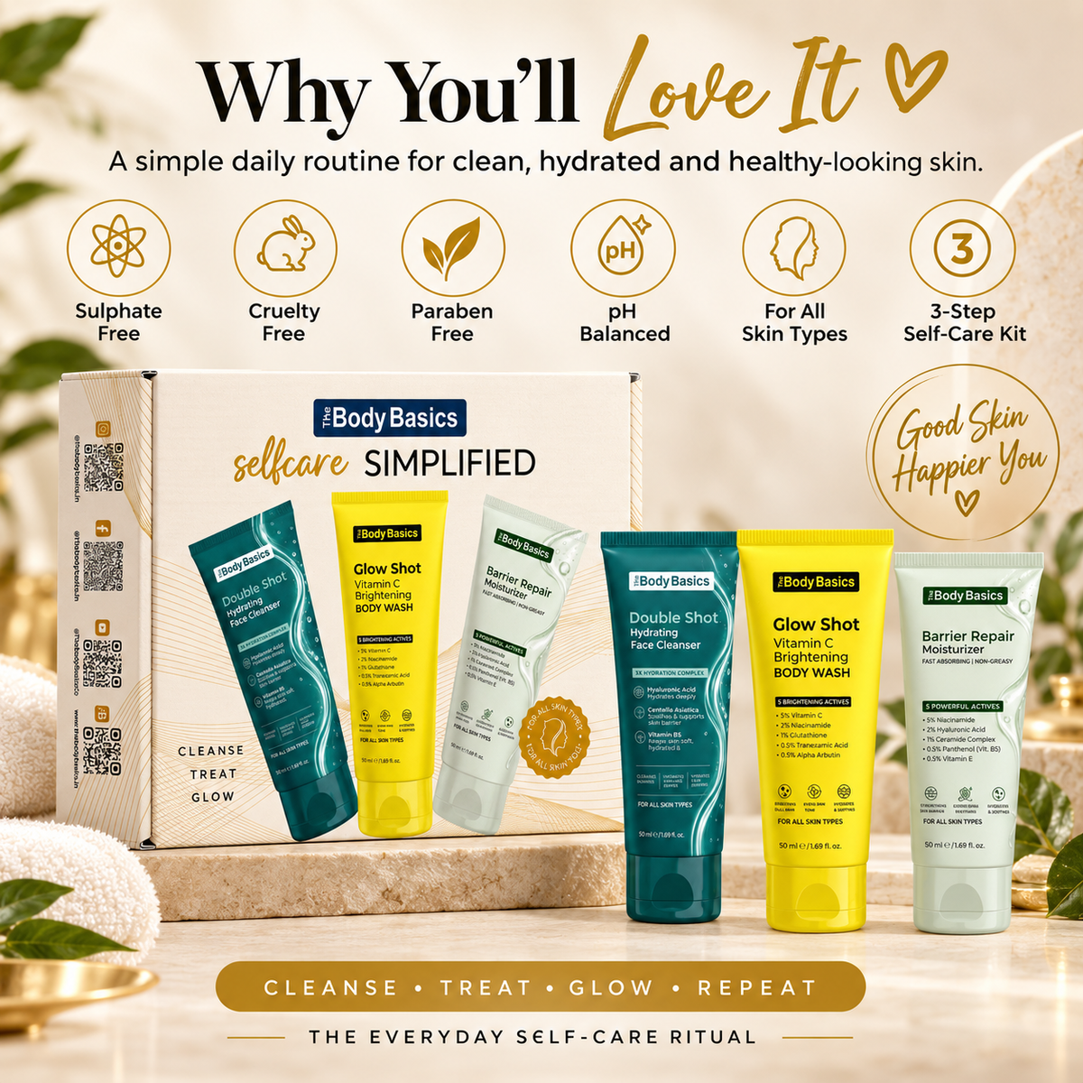 Daily Face & Body Care Kit | Hydrating Cleanser, Barrier Moisturizer & Vitamin C Body Wash