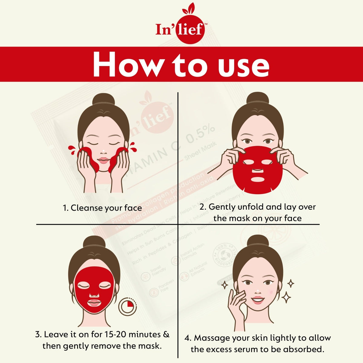 In'Lief Sheet Mask Pack of 2 - 25ml | Vitamic C | Hyaluronic Acid | Rich in Peptides & Collagen