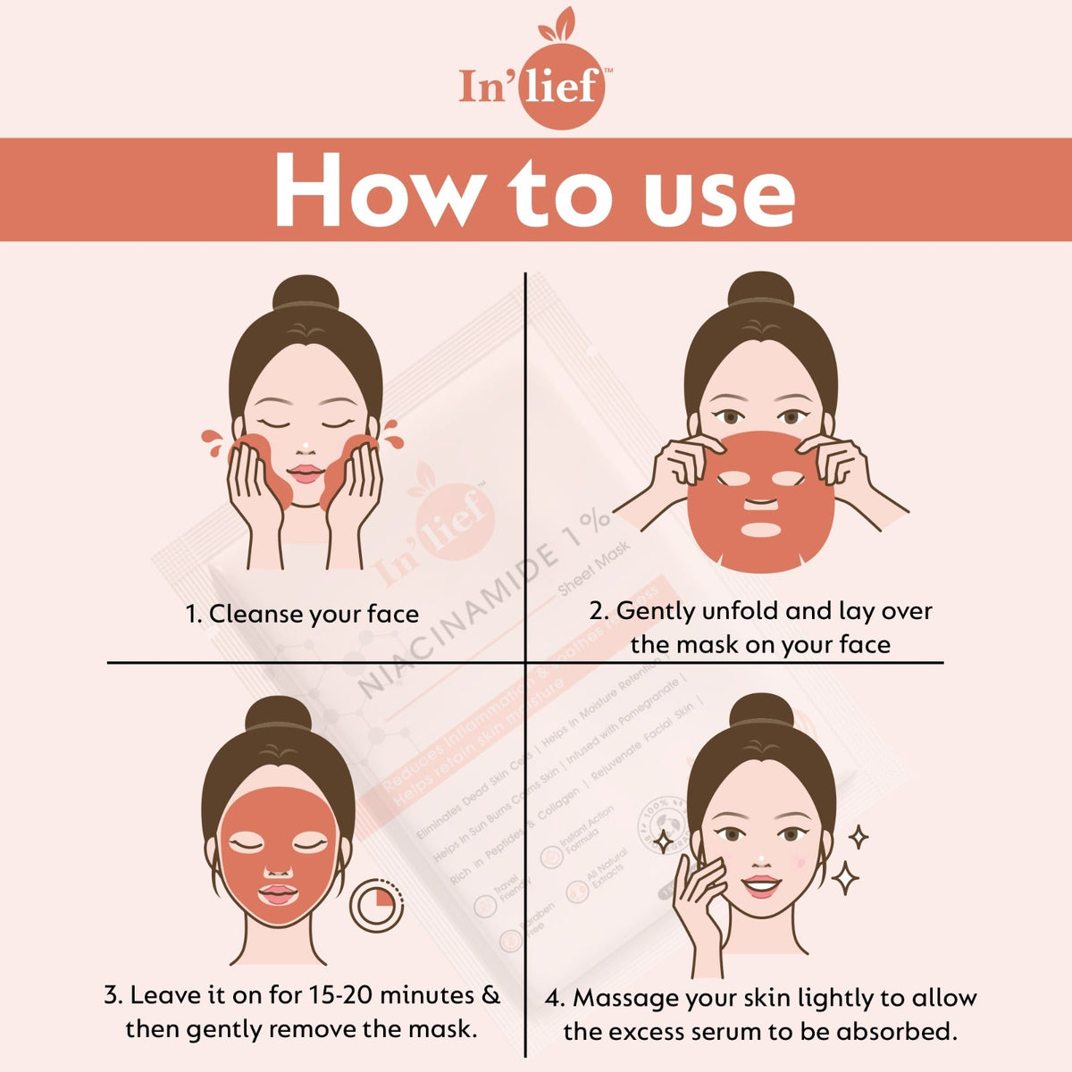 In'Lief Sheet Mask Pack of 2 - 25ml | Niacinamide | Salicylic Acid | Rich in Peptides & Collagen