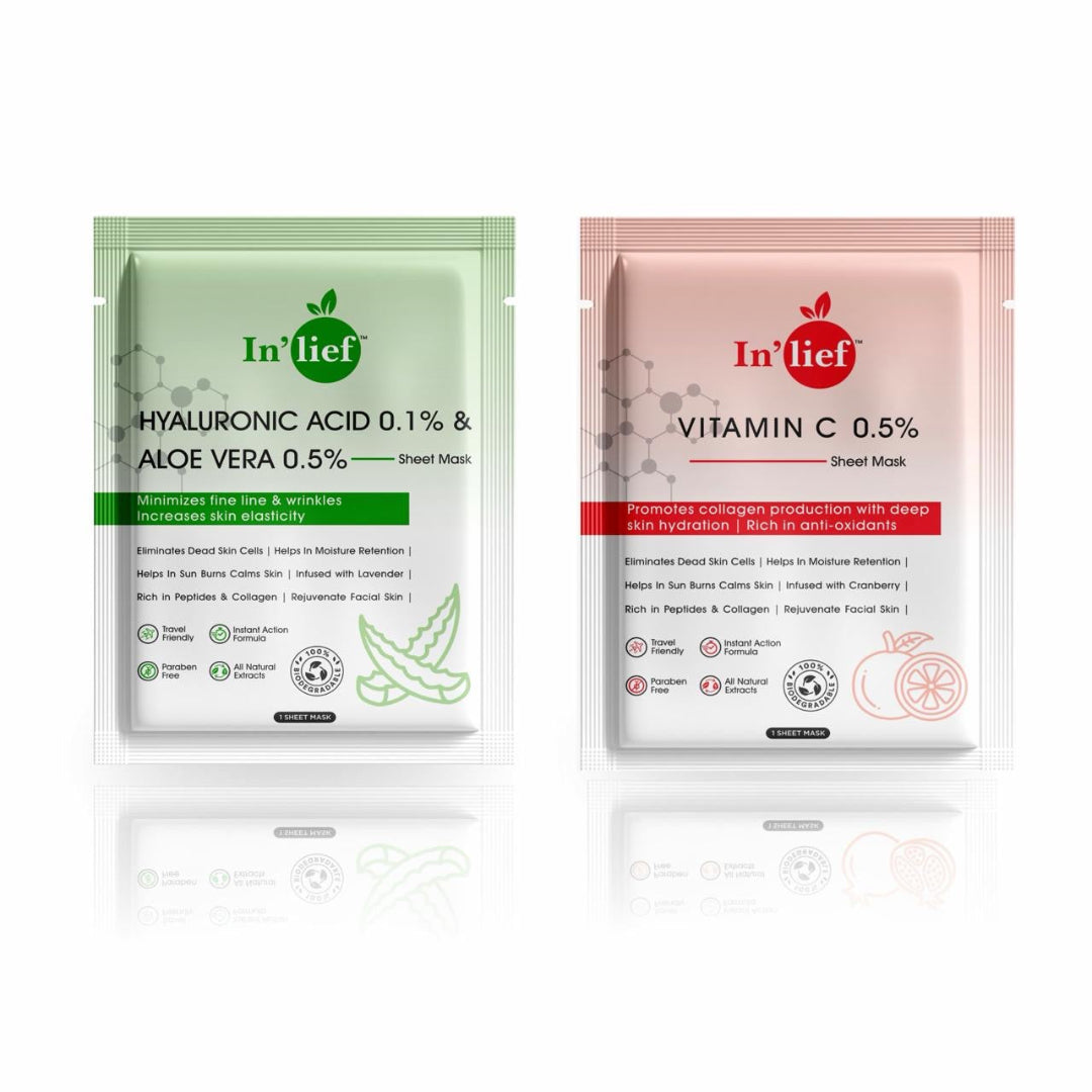 In'Lief Sheet Mask Pack of 2 - 25ml | Vitamic C | Hyaluronic Acid | Rich in Peptides & Collagen
