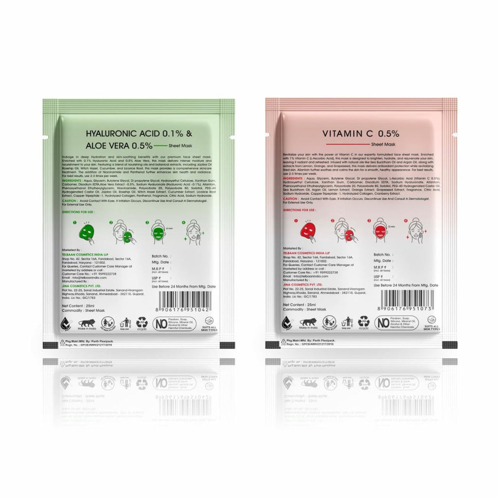 In'Lief Sheet Mask Pack of 2 - 25ml | Vitamic C | Hyaluronic Acid | Rich in Peptides & Collagen